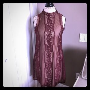 Maroon lace shift dress.